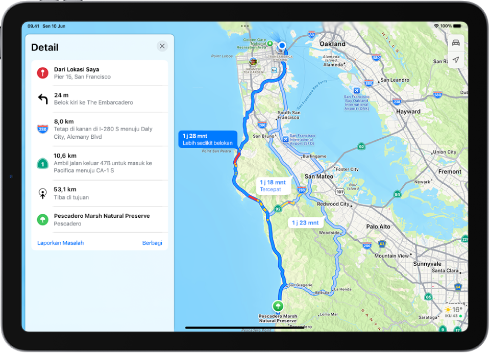 Peta menampilkan tiga pilihan rute dan detail daftar langkah untuk mencapai tujuan dengan belokan paling sedikit.