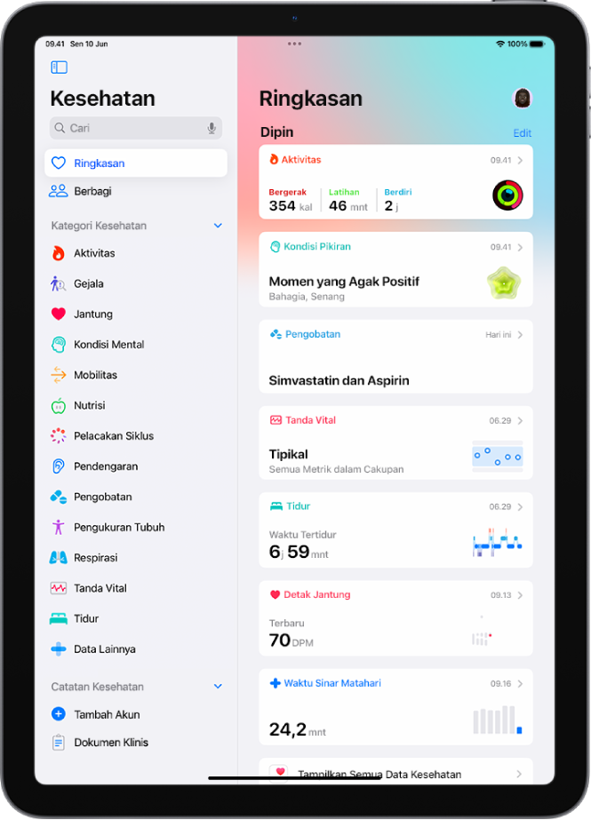 Layar Ringkasan di Kesehatan. Informasi mengenai aktivitas, kondisi pikiran, tanda vital, tidur, detak jantung, dan waktu di siang hari muncul di bawah Dipin.