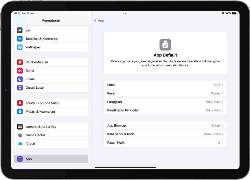 Layar untuk mengubah app default Anda untuk mengirim email, menelusuri web, dan lainnya.