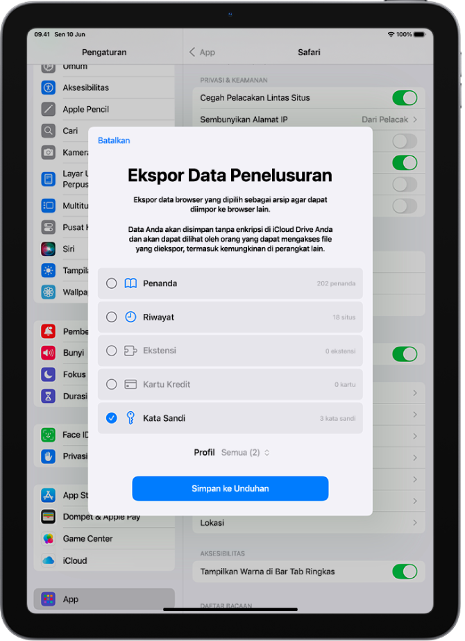 Layar Ekspor Data Penelusuran, dengan pilihan Kata Sandi yang dipilih untuk mengekspor ke pengelola kata sandi lain.