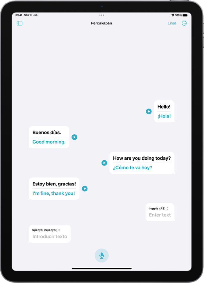 Tab Percakapan, menampilkan gelembung obrolan dan terjemahannya.