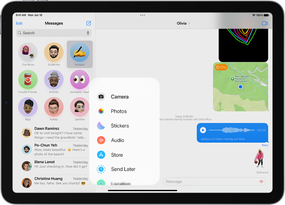 Pēc pieskaršanās pogai Apps Messages sarunā, tiek parādīts funkciju saraksts, ko var pievienot ziņai.