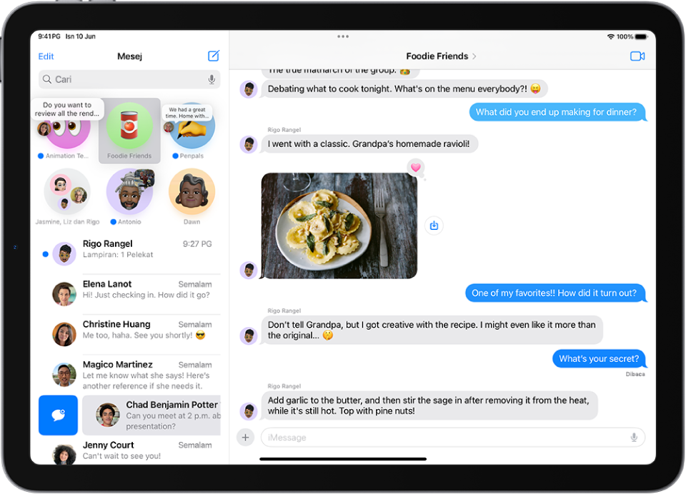 Senarai perbualan Mesej dengan beberapa mesej belum dibaca dan satu ditanda sebagai belum dibaca.