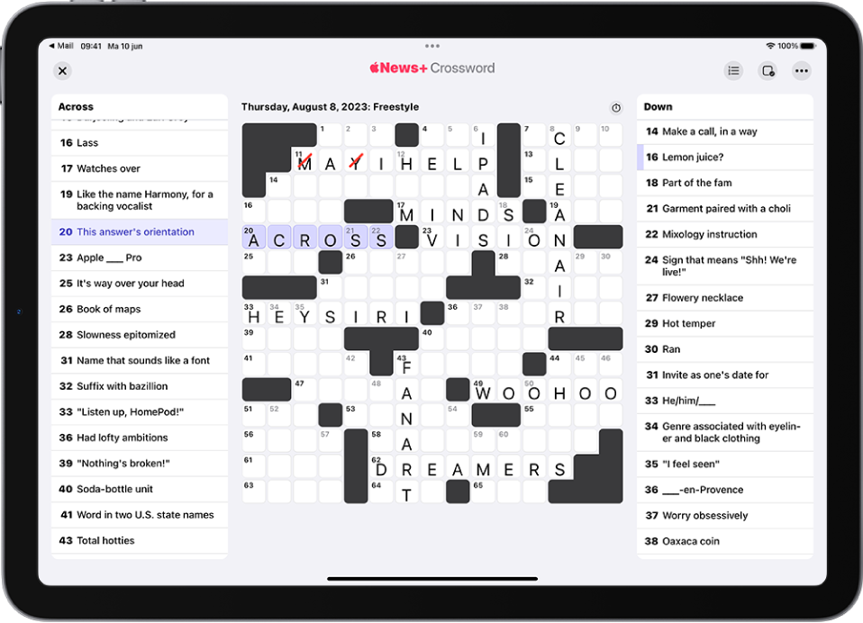 Een deels ingevulde kruiswoordpuzzel met aan beide kanten aanwijzingen.