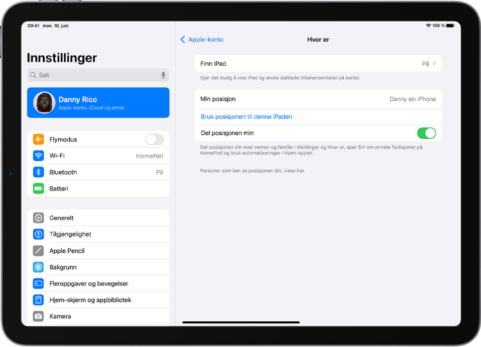 En skjerm som viser innstillinger for Hvor er-appen, med valg om å slå på Finn iPad og Del posisjonen min.