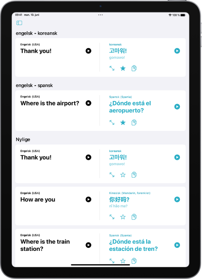 Favoritter-fanen som viser oversatte uttrykk fra engelsk til koreansk og fra engelsk til spansk. Under Nylige ligger nylig oversatte uttrykk.