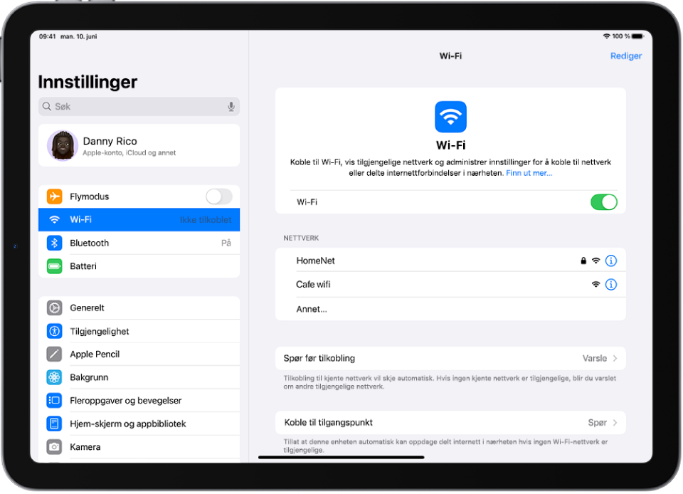 Innstillinger-skjermen viser tilgjengelige Wi-Fi-nettverk.