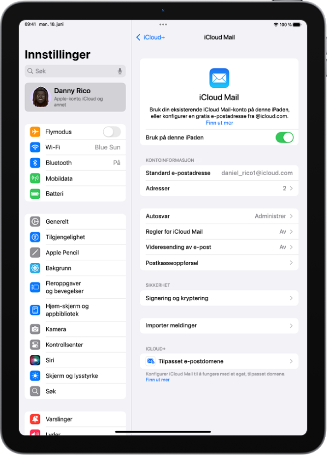 Innstillinger-appen, med iCloud Mail-skjermen åpen. Tilpasset e-postdomene vises nederst i menyen.