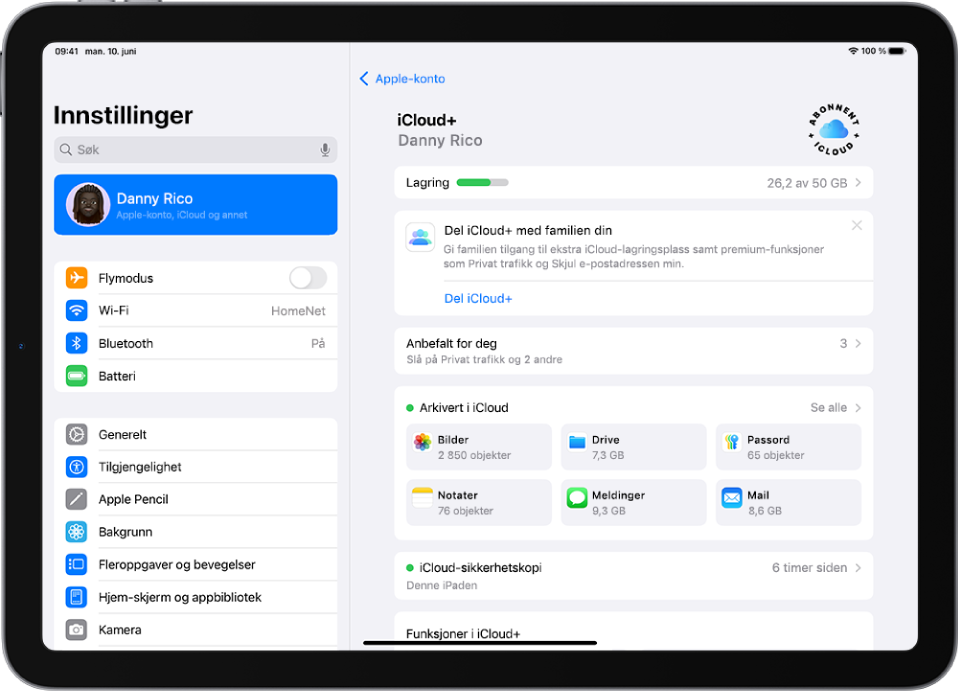 Skjermen for iCloud-innstillinger viser iCloud-lagringsmåleren og en liste med apper og funksjoner, blant annet Bilder, iCloud Drive og iCloud Mail, som kan brukes sammen med iCloud.