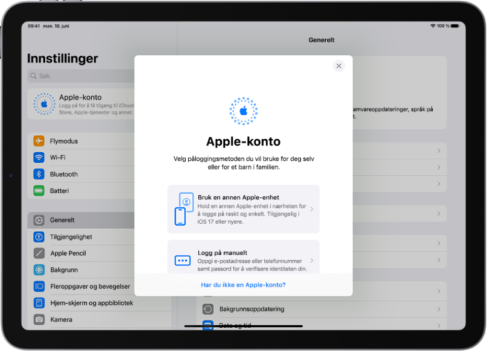 Innstillinger-skjermen med påloggingsruten for Apple-konto midt på skjermen.