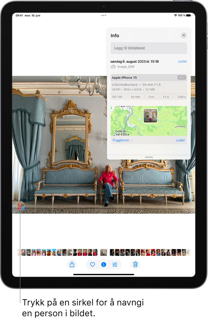 Et bilde er åpent i Bilder-appen. Metadata-informasjon vises over bildet, inkludert – fra øverst til nederst – dato og klokkeslett da bildet ble tatt, filnavn, iPhone-modell og kamerainnstillinger samt et kart over stedet der bildet ble tatt.