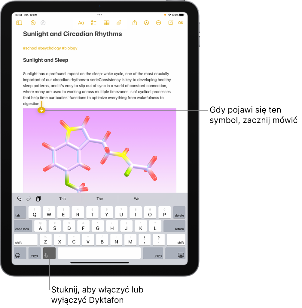Klawiatura ekranowa otwarta w aplikacji Notatki. Przycisk Dyktowanie znajdujący się na dole klawiatury jest zaznaczony. W polu tekstowym pod punktem wstawiania widoczny jest przycisk Dyktowanie.