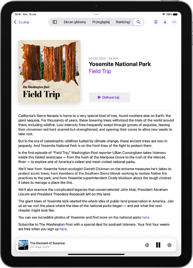 Strona odcinka w aplikacji Podcasty z przyciskiem Odtwarzaj oraz narzędziami odtwarzania.