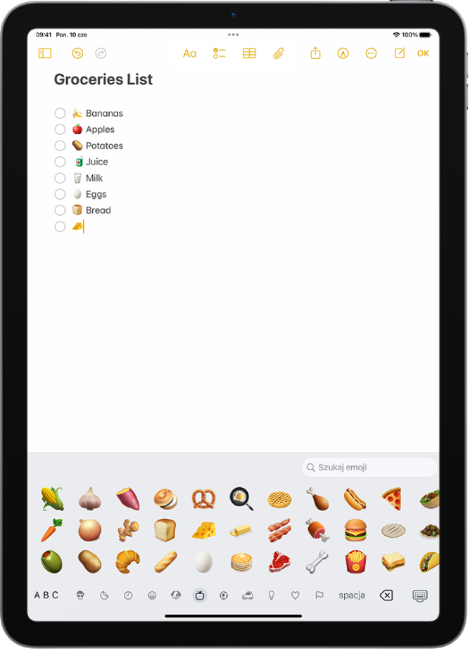 Notatka otworzona w aplikacji Notatki, widoczna w górnej części ekranu. Na dole ekranu wyświetlana jest klawiatura emoji.