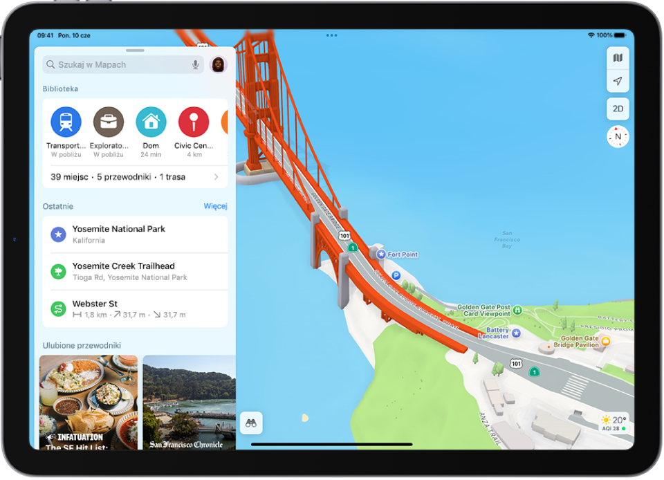 Mapa parku i ulic, przedstawiająca drzewa, ważne miejsca oraz między innymi ścieżki i punkty widokowe.