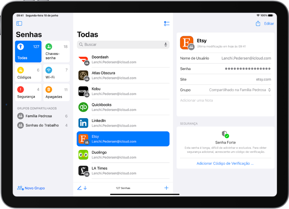 A tela principal do app Senhas mostrando os tipos de senhas na barra lateral esquerda (com a opção Todas selecionada), uma lista de todas as contas de senhas no meio (com Etsy selecionada) e os detalhes da conta Etsy à direita.