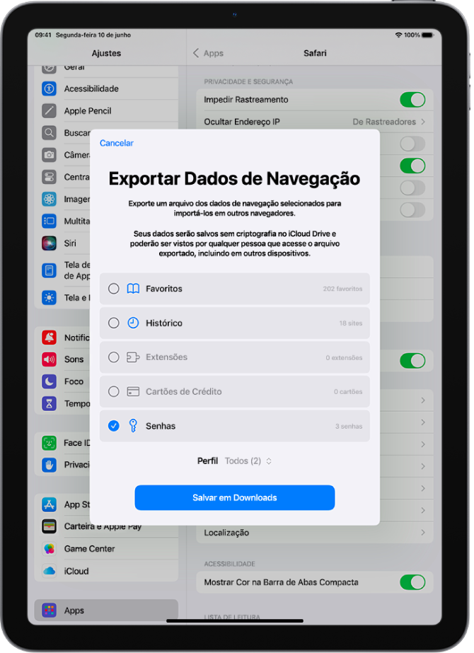 Tela Exportar Dados de Navegação, com a opção Senhas selecionada para exportar para outro gerenciador de senhas.