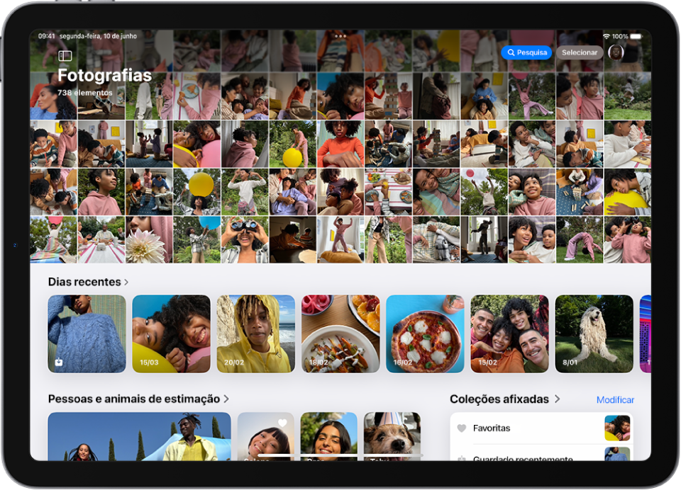 A aplicação Fotografias a mostrar a grelha da fototeca. Na parte inferior do ecrã estão as secções “Dias recentes”, “Pessoas e animais de estimação” e “Coleções afixadas”.