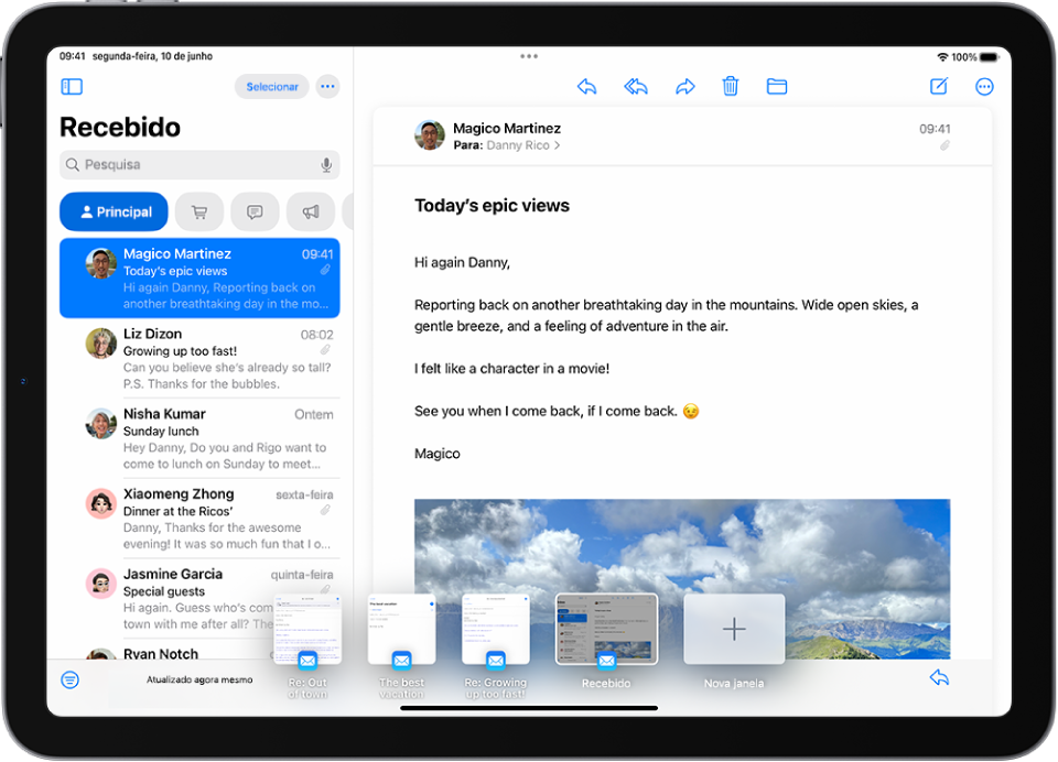 A janela do Mail com a lista de mensagens “Principal” à esquerda e cinco miniaturas de rascunhos na parte inferior do ecrã.