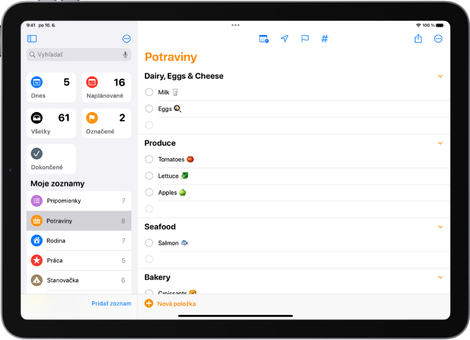 Apka Pripomienky zobrazujúca nákupný zoznam s položkami v kategóriách ako Plodiny a Morské plody.