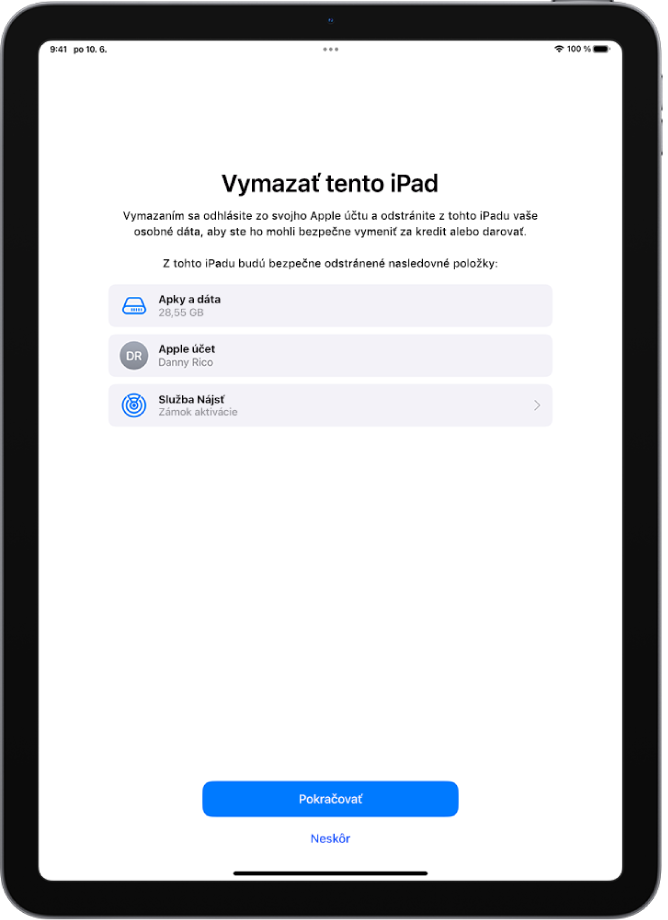 Obrazovka Vymazať tento iPad.