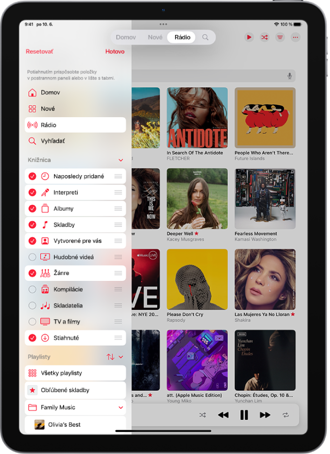 iPad otočený na výšku s možnosťami úpravy postranného panela naľavo a lišty s tabmi v hornej časti obrazovky.