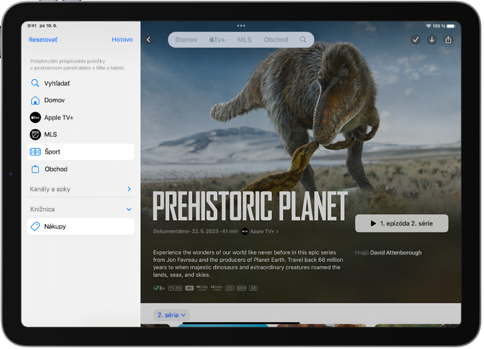 iPad zobrazujúci možnosti úpravy lišty s tabmi v hornej časti obrazovky.