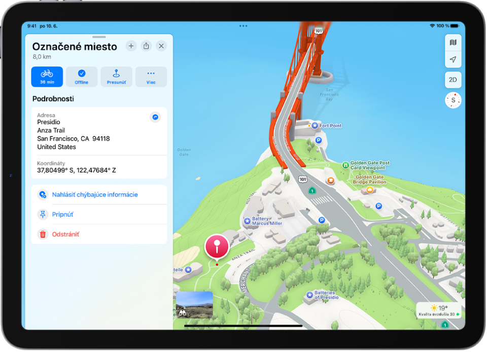 Apka Mapy zobrazuje označené miesta na mape parku. Vľavo hore sú tlačidlá na zobrazenie trasy k danému miestu, stiahnutie mapy okolitej oblasti alebo presunutie značky.