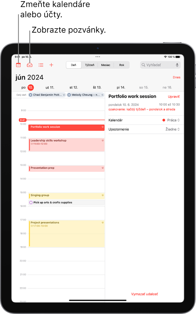 Kalendár v zobrazení dňa. Tlačidlá v strede hore slúžia na prepínanie medzi zobrazením dňa, týždňa, mesiaca a roka. V ľavom hornom rohu obrazovky sa nachádza tlačidlo Kalendáre a vľavo hore tlačidlo Prijaté.