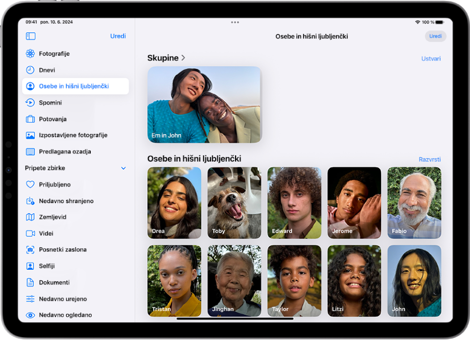 Zbirka Osebe je odprta v razdelku Osebe in hišni ljubljenčki v aplikaciji Fotografije, ki prikazuje videoposnetke in fotografije te osebe.