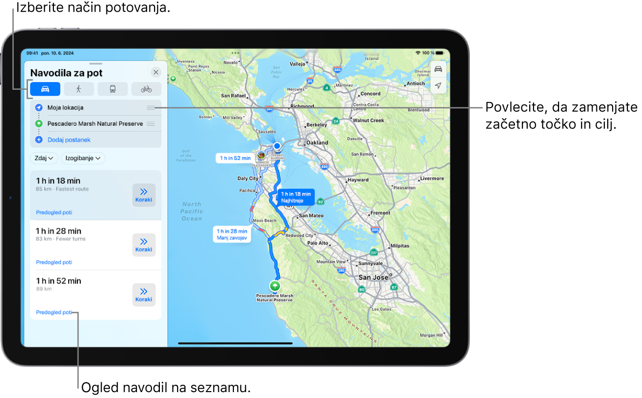 Zemljevid z več možnimi potmi za navodila za vožnjo med Mojo lokacijo in ciljem.