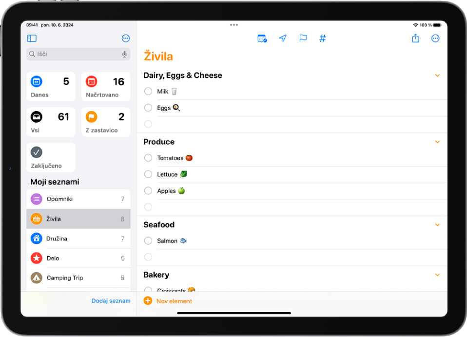 Aplikacija Opomniki, ki prikazuje seznam živil z elementi v kategorijah, kot so Kmetijski pridelki in Morski sadeži.