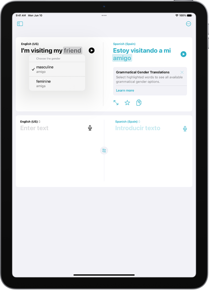 “ترجمہ” کا ٹیب جس میں انگریزی سے ہسپانوی میں ترجمہ کردہ فقرہ اور ذیل میں فہرست کردہ مختلف صنفی تغیرات کا سرمئی رنگ میں ہائی لائٹ شدہ لفظ دکھایا گیا ہے۔
