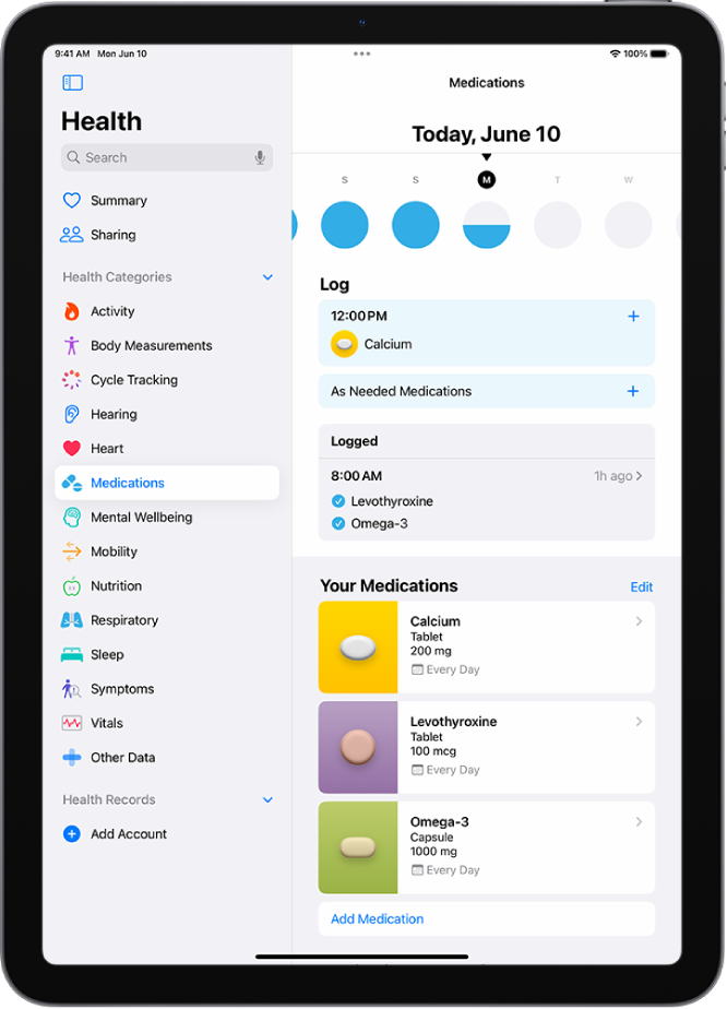 صحت ایپ میں دواؤں کی اسکرین پر دوا کی تاریخ اور لاگ دکھایا جا رہا ہے۔