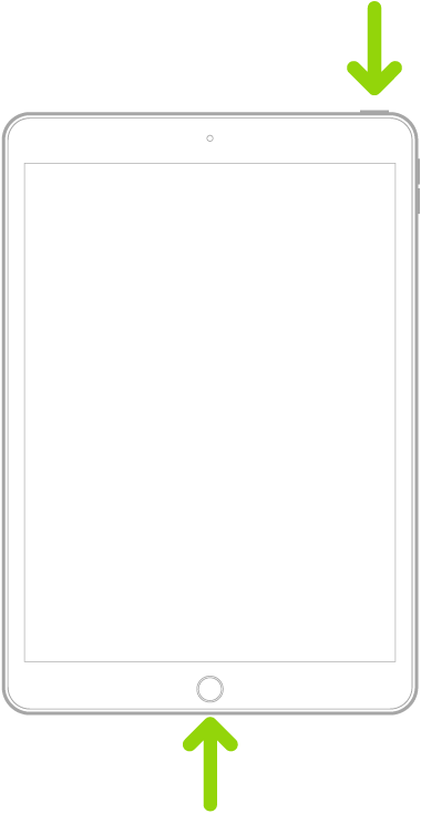 ہوم بٹن والا iPad۔ ہوم بٹن اور ٹاپ بٹن کی طرف اشارہ کرنے والا تیر۔