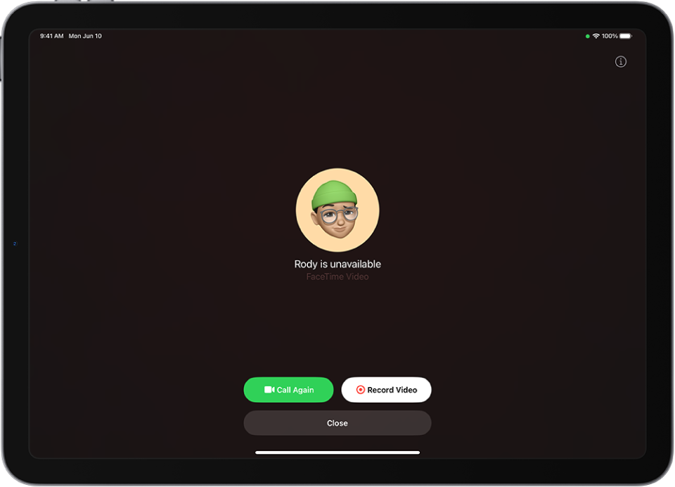 ”ویڈیو ریکارڈ کریں“ اسکرین، جس میں دکھایا گیا ہے کہ آپ جس شخص کو کال کر رہے ہیں وہ دستیاب نہیں ہے۔ وہ اسکرین جس میں دوبارہ کال کریں بٹن اور ویڈیو ریکارڈ کریں بٹن شامل ہیں جن پر آپ ویڈیو پیغام ریکارڈ کرنے کے لیے ٹیپ کر سکتے ہیں۔