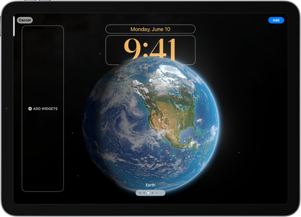ترمیم کیے جانے کے پروسیس میں حسب خواہش لاک اسکرین۔ حسب خواہش بنانے کے لیے دستیاب عناصر منتخب کیے گئے ہیں—تاریخ، وقت اور ویجٹ شامل کرنے کے لیے بٹن۔