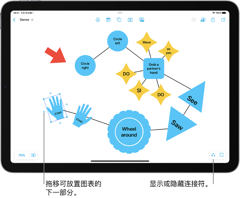 “无边记”看板上的图示,所选形状上显示连接符,形状上方可见形状格式化工具。