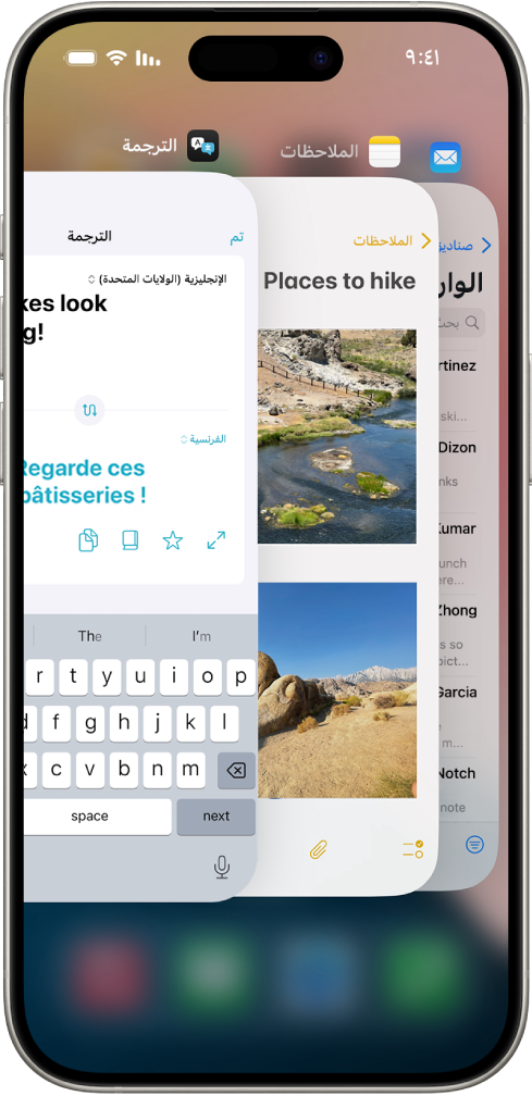 مُبدّل التطبيقات. تظهر أيقونات التطبيقات المفتوحة في الجزء العلوي، وتظهر الشاشة الحالية لكل منها تحت أيقونته.