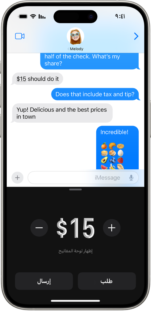 محادثة iMessage يظهر بها Apple Pay مفتوحًا في الجزء السفلي.