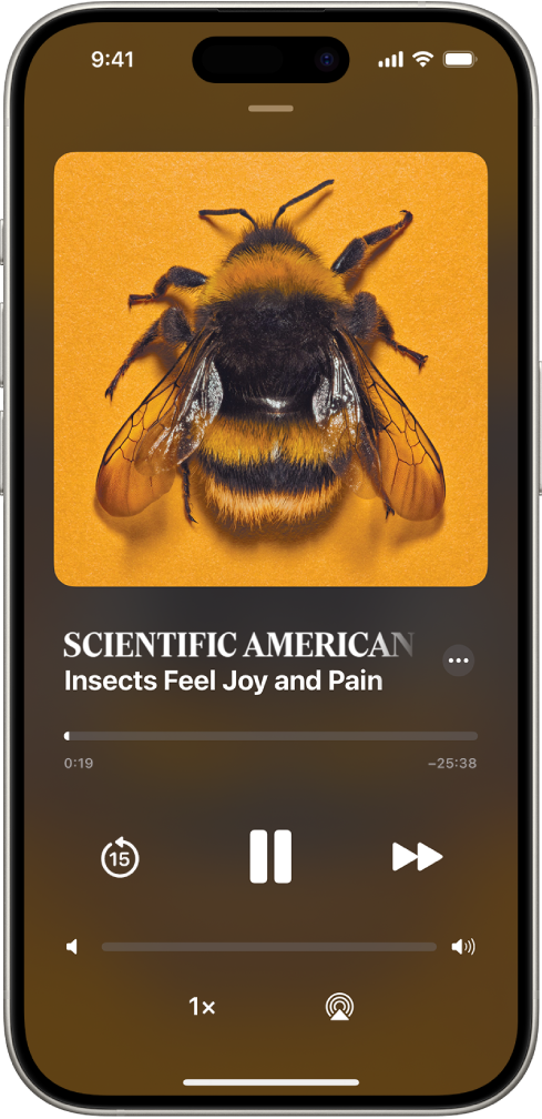 Екранът Аудио възпроизвеждане показва аудио статия, а под нея бутони за управление на възпроизвеждането и плъзгач за силата на звука.