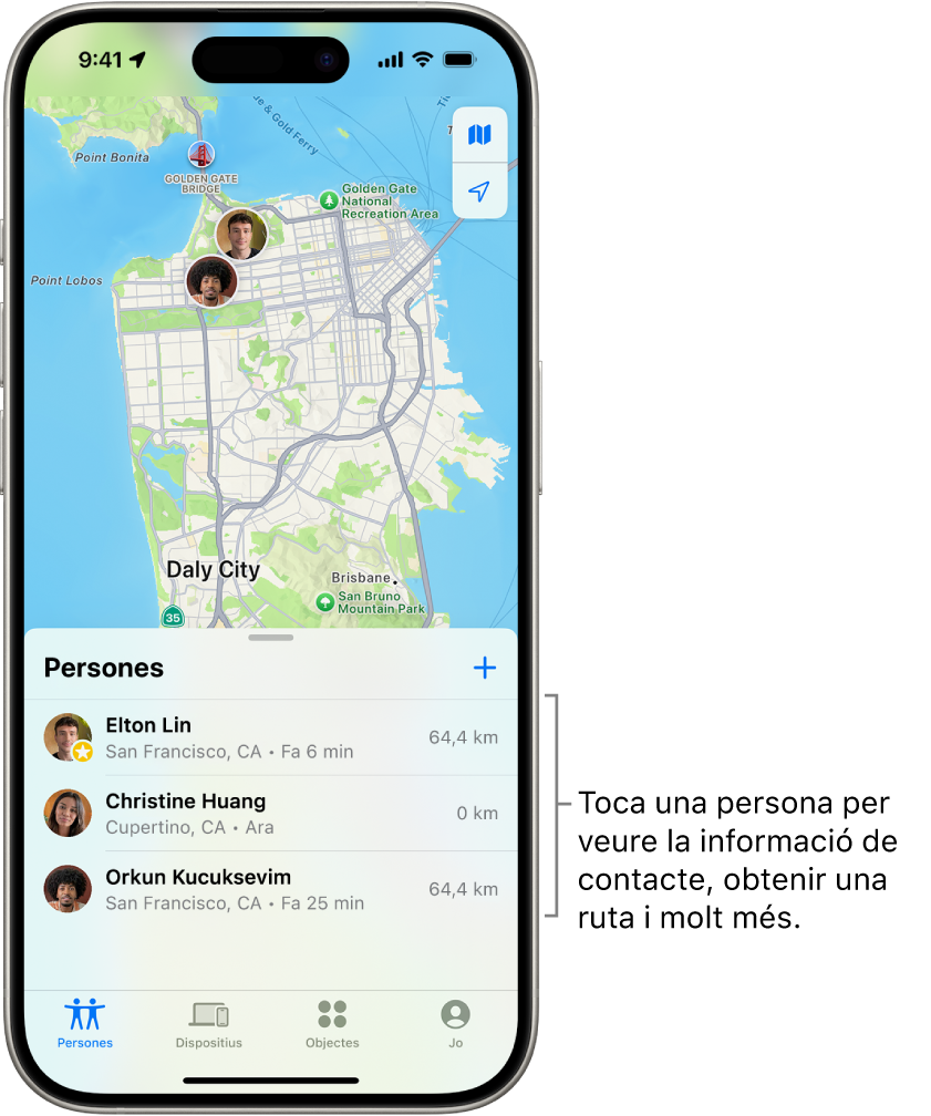 Pantalla de l’app Cerca en què es mostra una llista de persones. A la llista hi ha quatre persones: Olivia Rovira, Cèlia Ramírez, Arola Rovira i Guillem Rovira. Toca el botó “Afegeix” a la part superior de la llista Persones per compartir la teva ubicació.