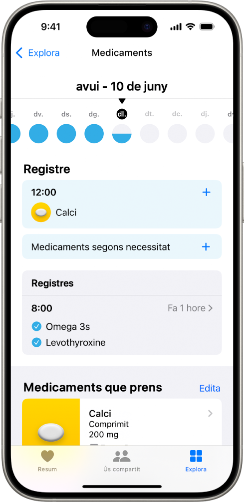 Pantalla de medicaments de l’app Salut, en què es mostra la data i el registre dels medicaments.