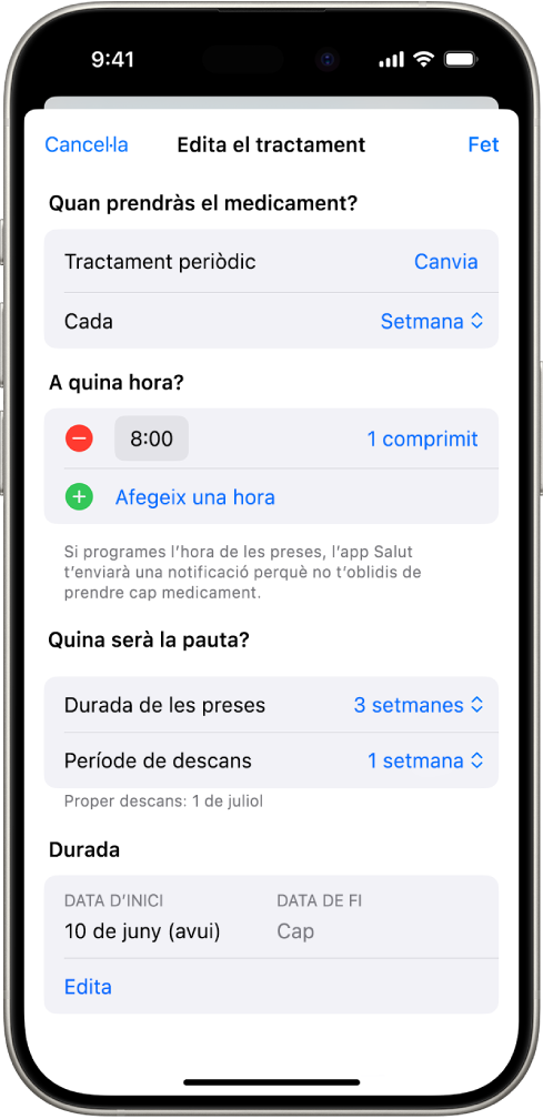 Pantalla de medicaments de l’app Salut, en què es mostren les opcions per modificar l’horari d’un medicament.
