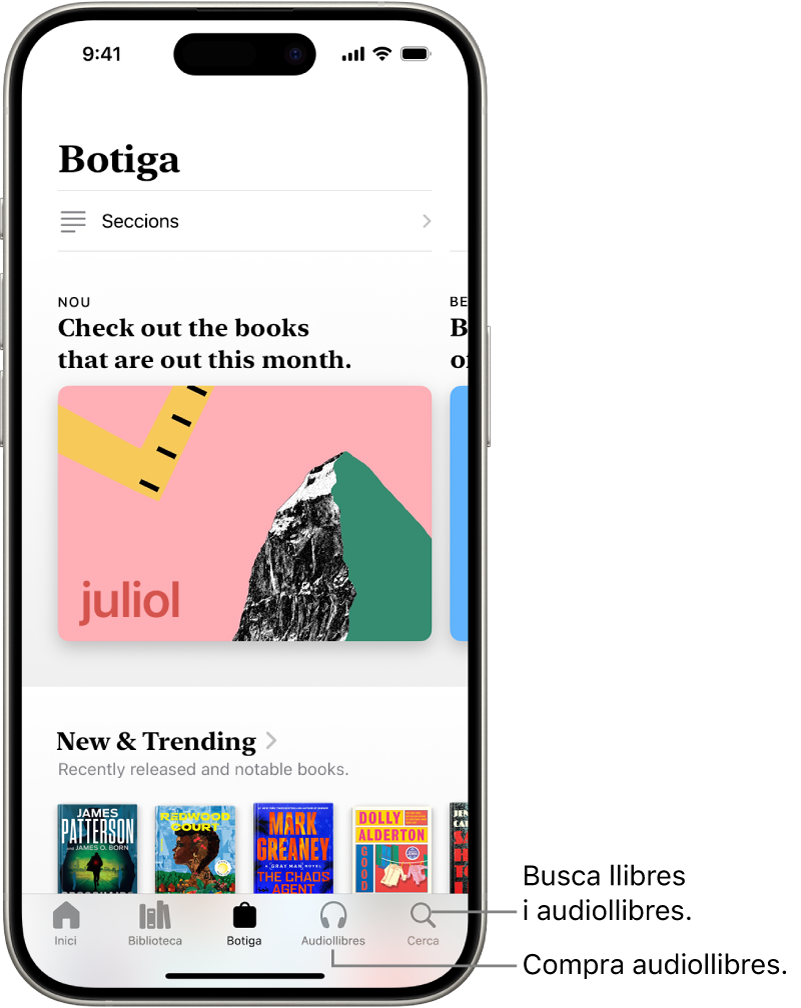 Pantalla de la botiga de l’app Llibres. A la part inferior de la pantalla hi ha, d’esquerra a dreta, les pestanyes “Inici”, “Biblioteca”, “Botiga”, “Audiollibres” i “Cerca”. La pestanya “Botiga” està seleccionada.