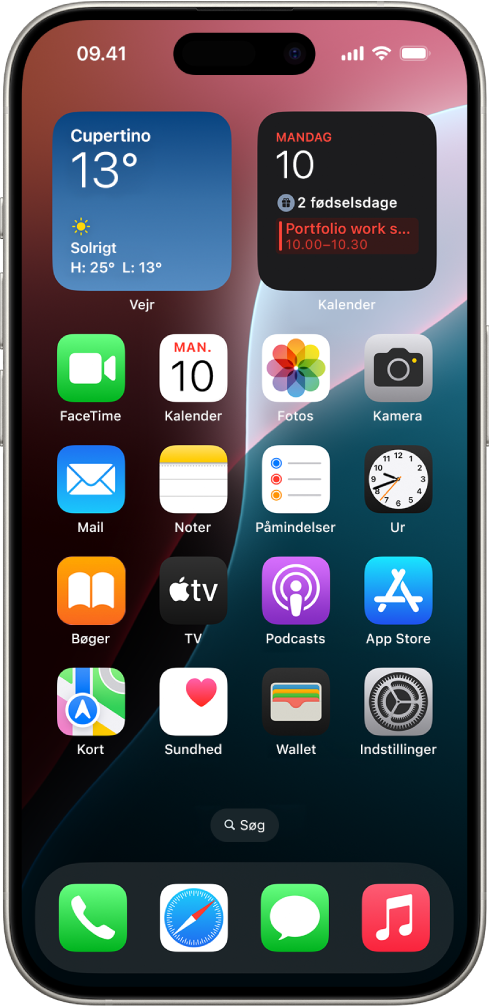Hjemmeskærmen på iPhone med Mørk tilstand slået til.