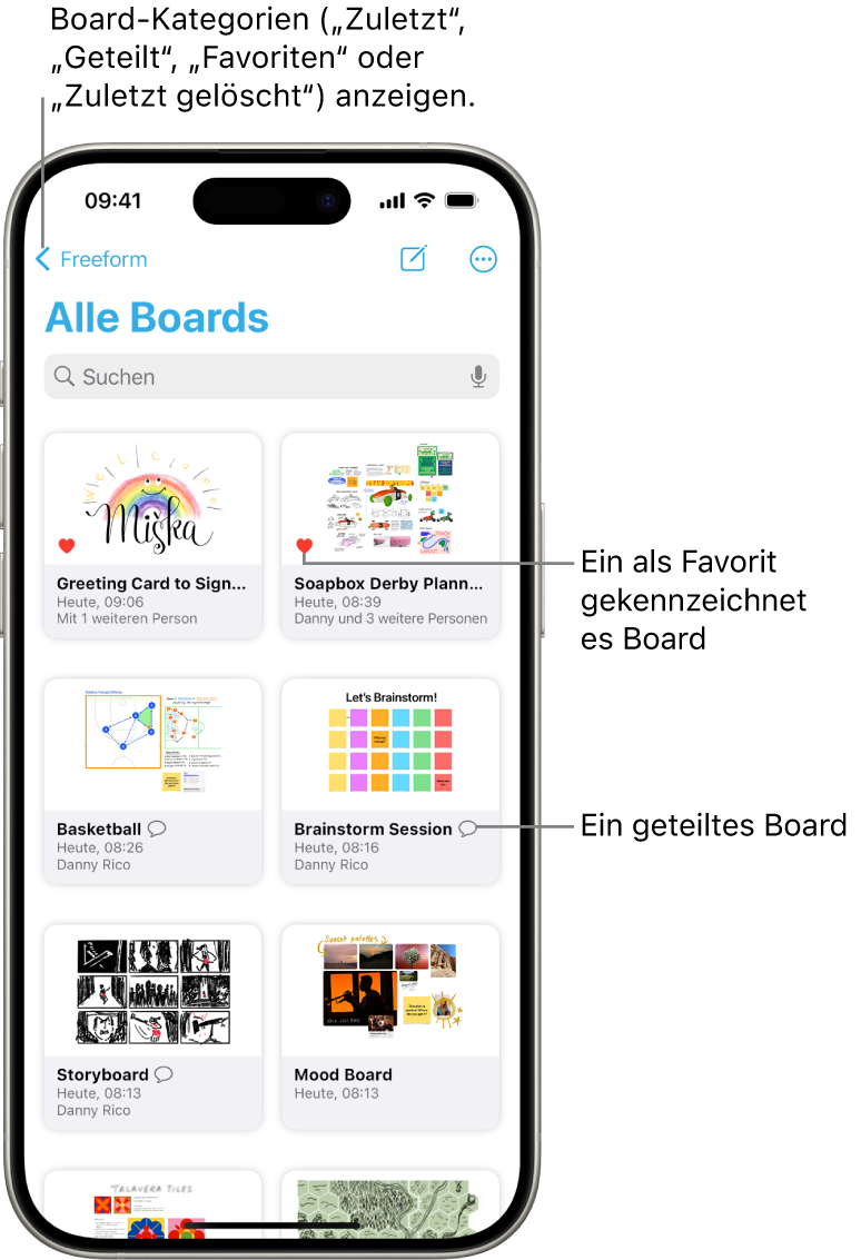 Der Freeform-Bildschirm „Alle Boards“ ist geöffnet und zeigt acht Board-Miniaturen an.