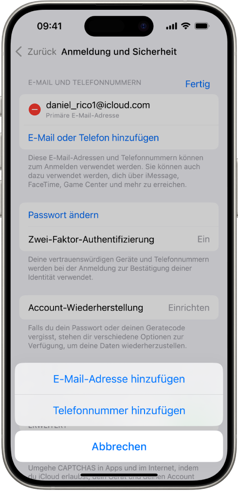 Der Bildschirm „Anmeldung & Sicherheit“ unter „Einstellungen“.