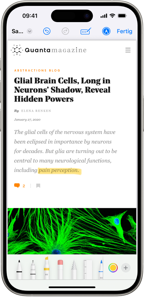 Eine PDF-Datei einer Webseite wird mit den Markierungswerkzeugen annotiert, welche sich unten auf dem Bildschirm befinden. Auf der Webseite wurde eine Auswahl hervorgehoben.