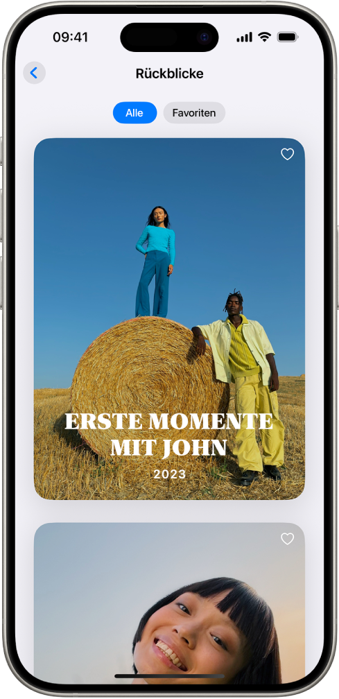 Die App „Fotos“ ist geöffnet und zeigt die Sammlung „Rückblicke“. Der Tab „Alle“ ist ausgewählt und darunter befindet sich eine Liste mit Rückblicken.